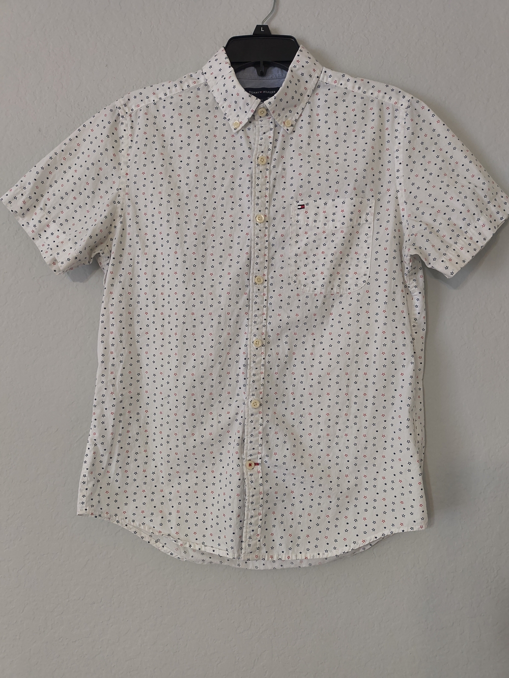 Tommy Hilfiger Men's White Short-Sleeve Patterned Button-Up Shirt M